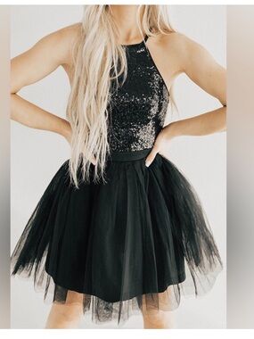 Impressions Black Sequin Halter Tulle Party Dress